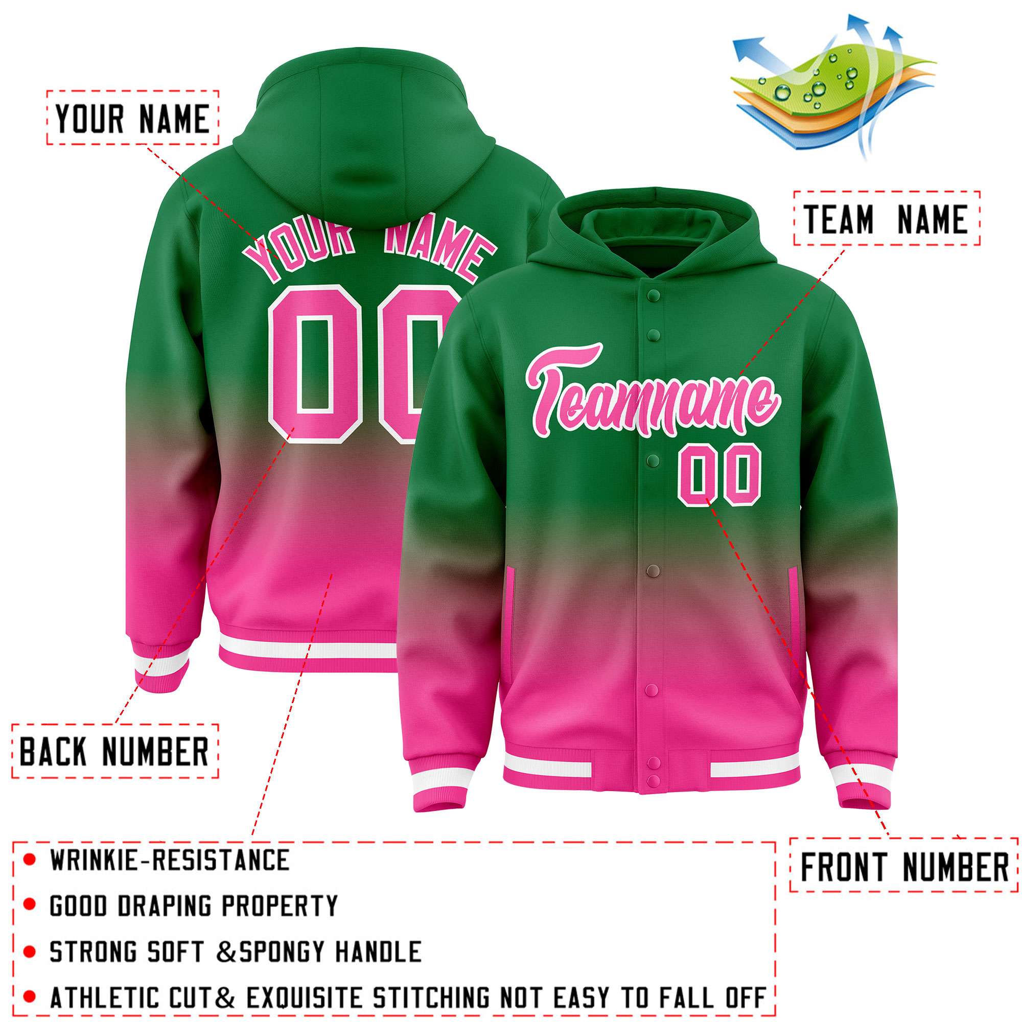 Custom Green Pink Varsity Full-Snap Letterman Gradient Hoodie Jacket