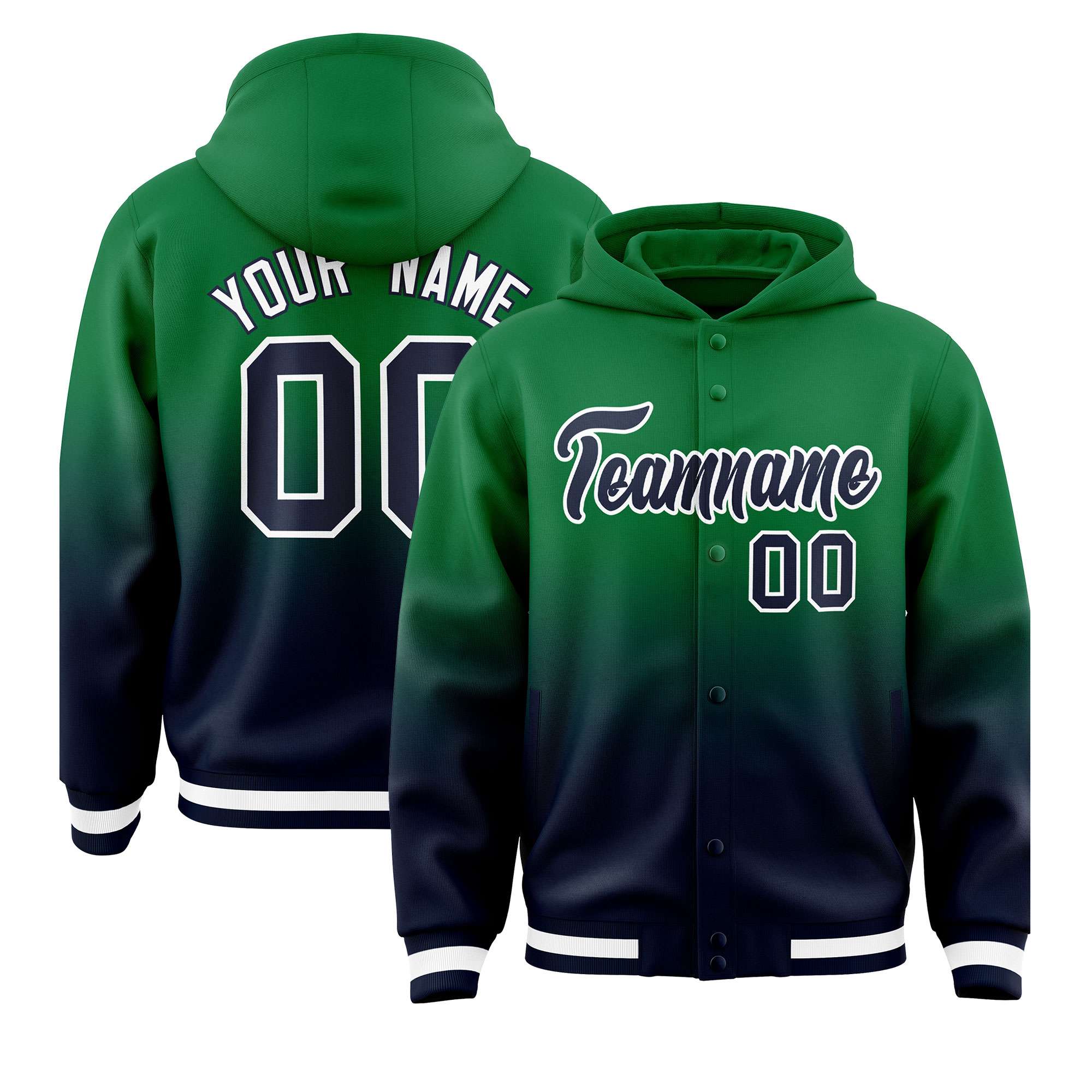 Custom Green Navy Varsity Full-Snap Letterman Gradient Hoodie Jacket