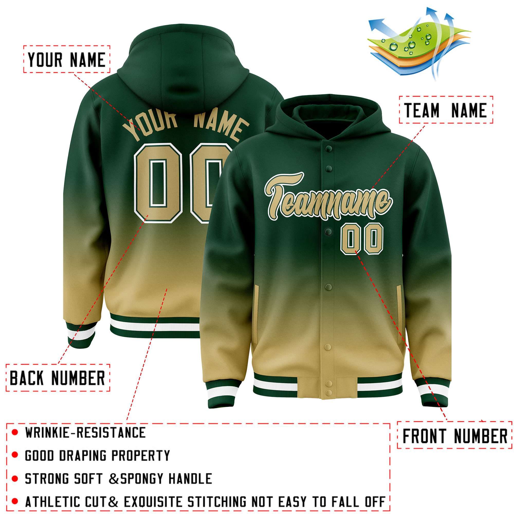 Custom Green Khaki Varsity Full-Snap Letterman Gradient Hoodie Jacket