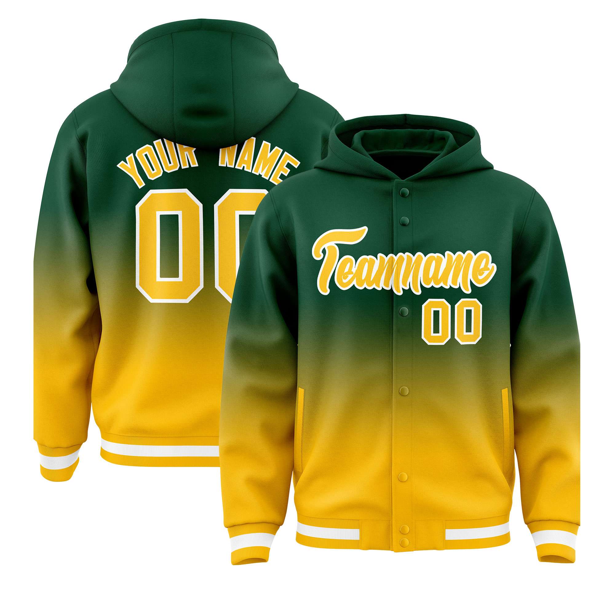 Custom Green Yellow Varsity Full-Snap Letterman Gradient Hoodie Jacket