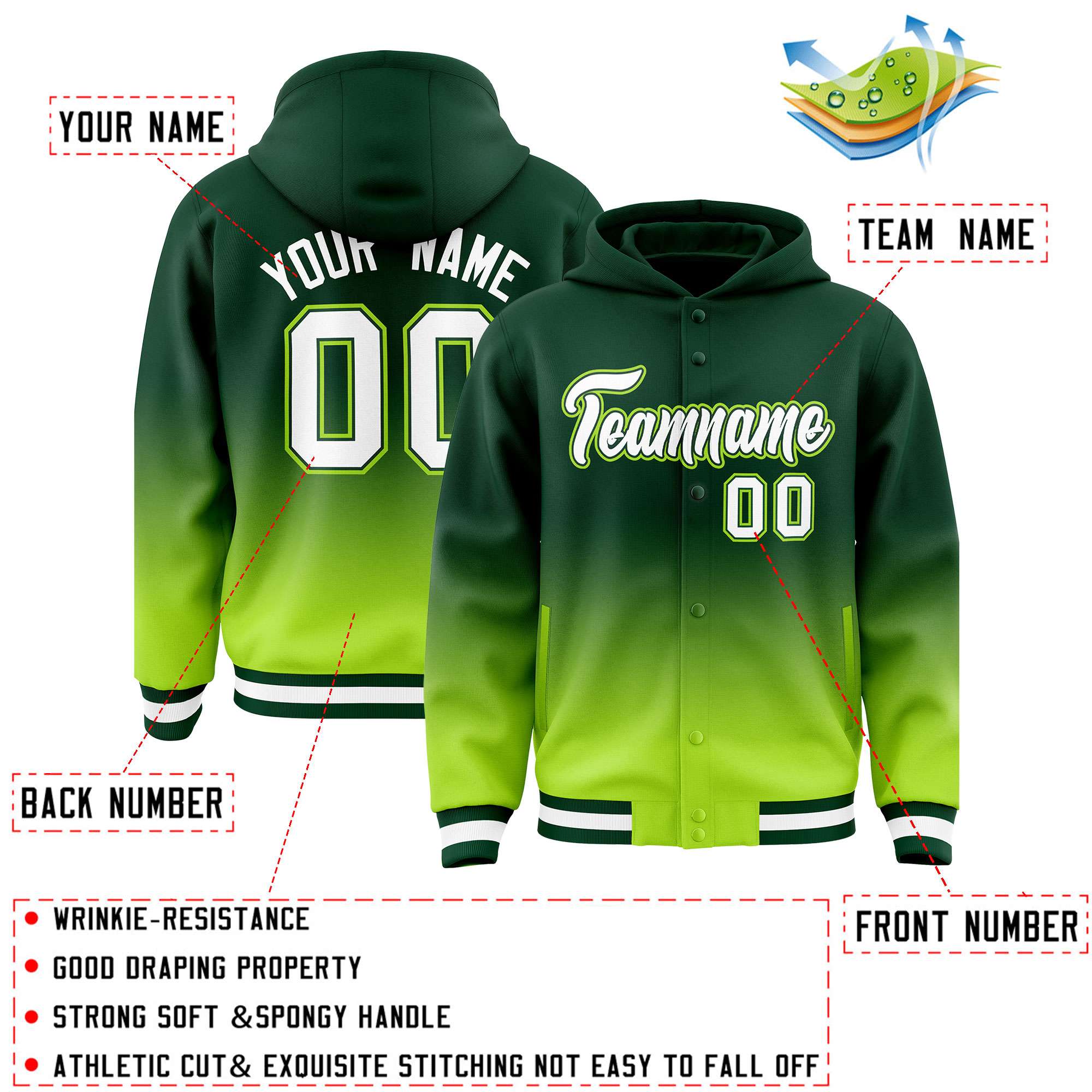 Custom Green Neon Green Varsity Full-Snap Letterman Gradient Hoodie Jacket