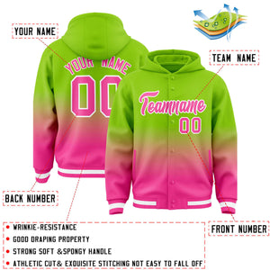 Custom Neon Green Pink Varsity Full-Snap Letterman Gradient Hoodie Jacket