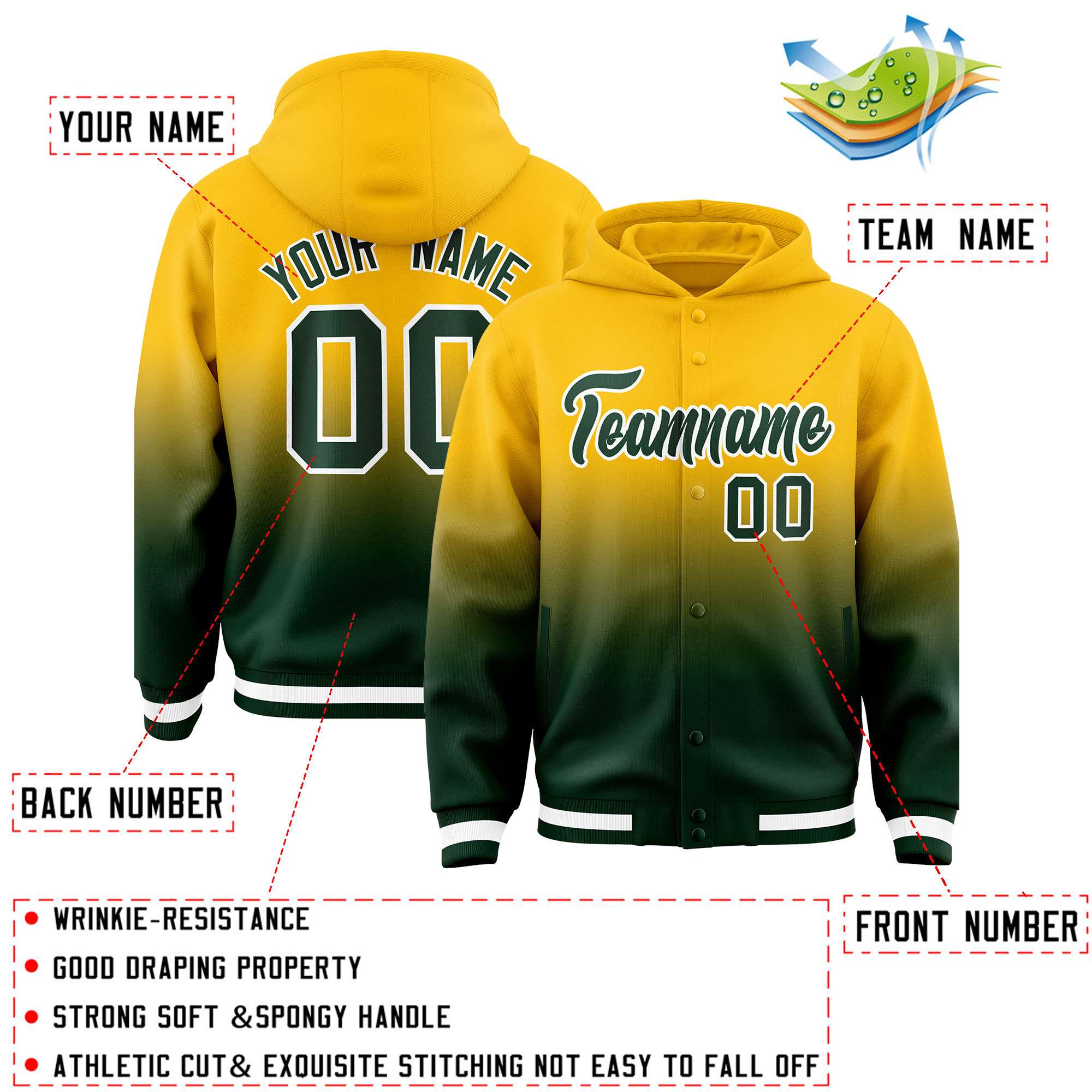 Custom Yellow Green Varsity Full-Snap Letterman Gradient Hoodie Jacket