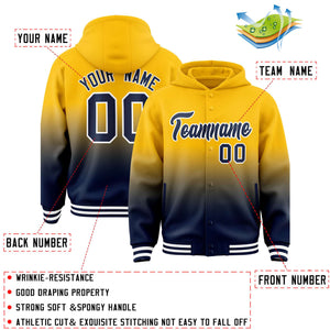 Custom Yellow Navy Varsity Full-Snap Letterman Gradient Hoodie Jacket