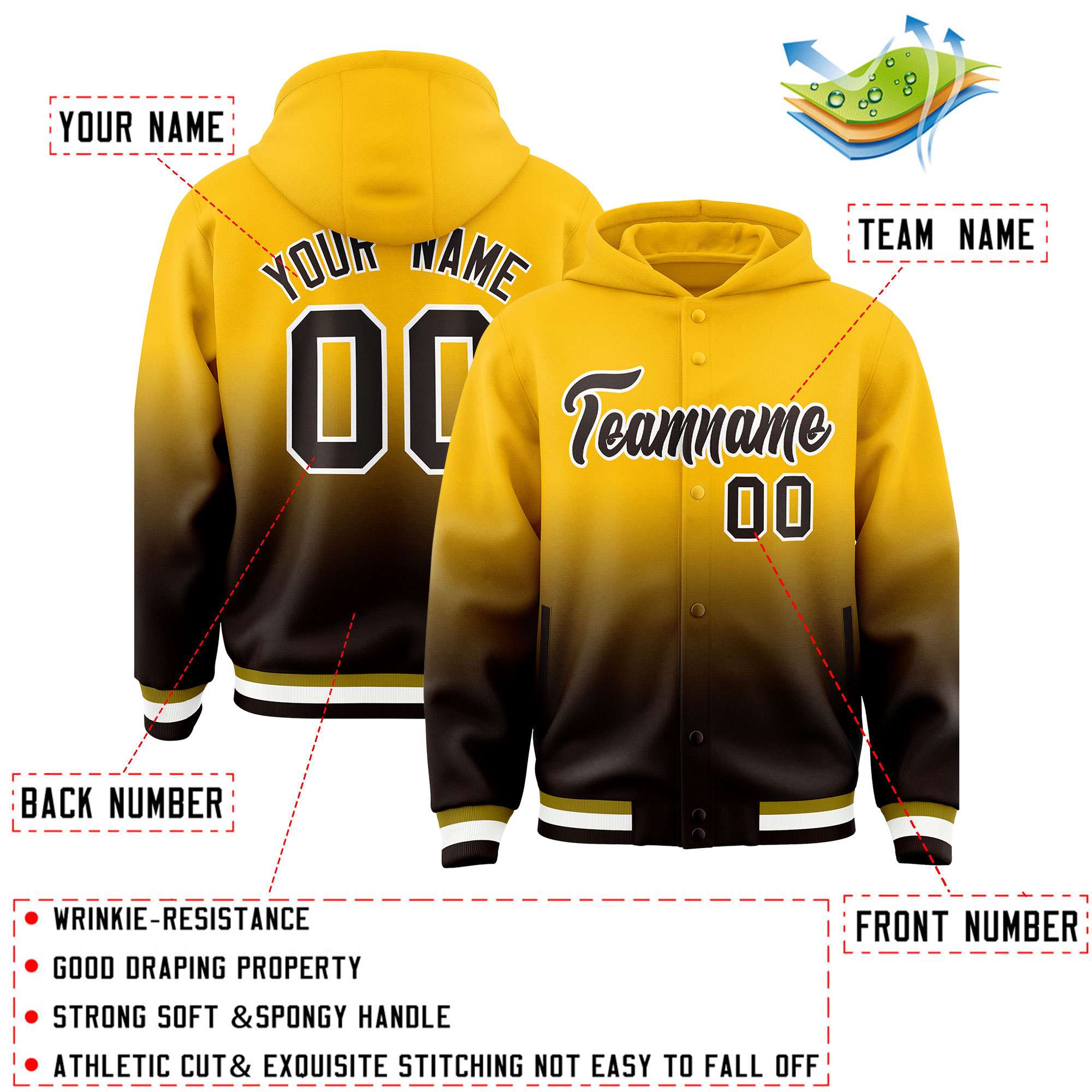 Custom Yellow Brown Varsity Full-Snap Letterman Gradient Hoodie Jacket