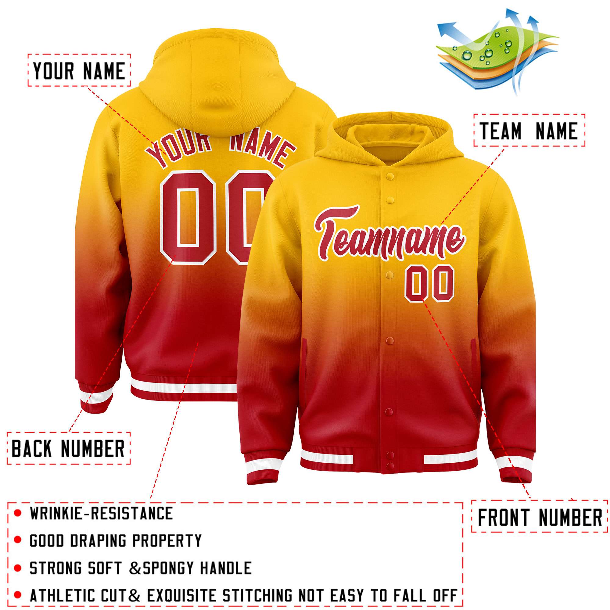 Custom Yellow Red Varsity Full-Snap Letterman Gradient Hoodie Jacket