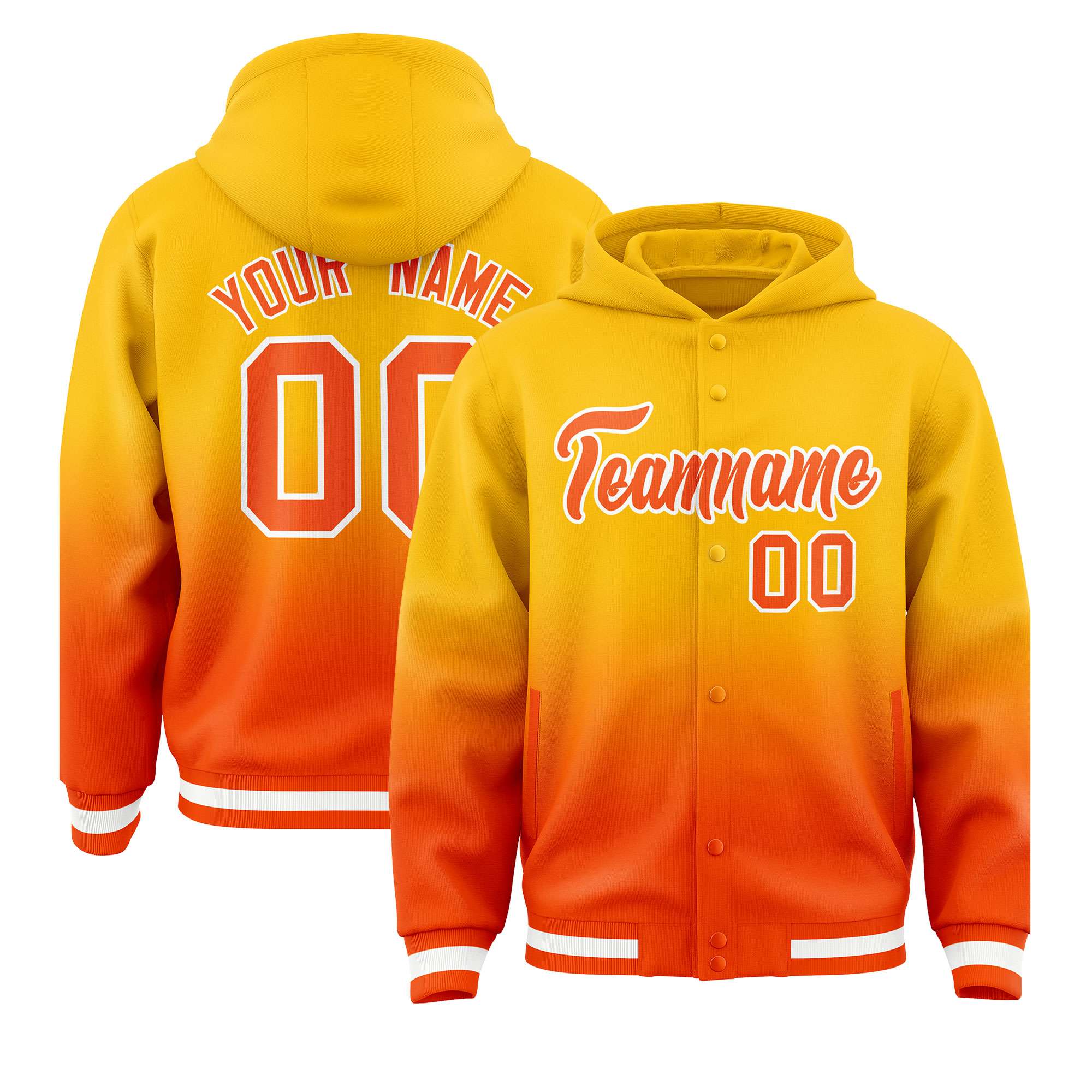 Custom Yellow Orange Varsity Full-Snap Letterman Gradient Hoodie Jacket