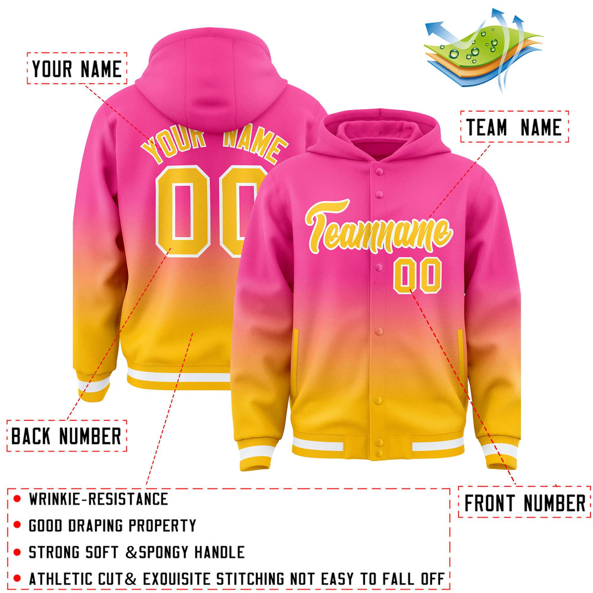 Custom Pink Yellow Varsity Full-Snap Letterman Gradient Hoodie Jacket