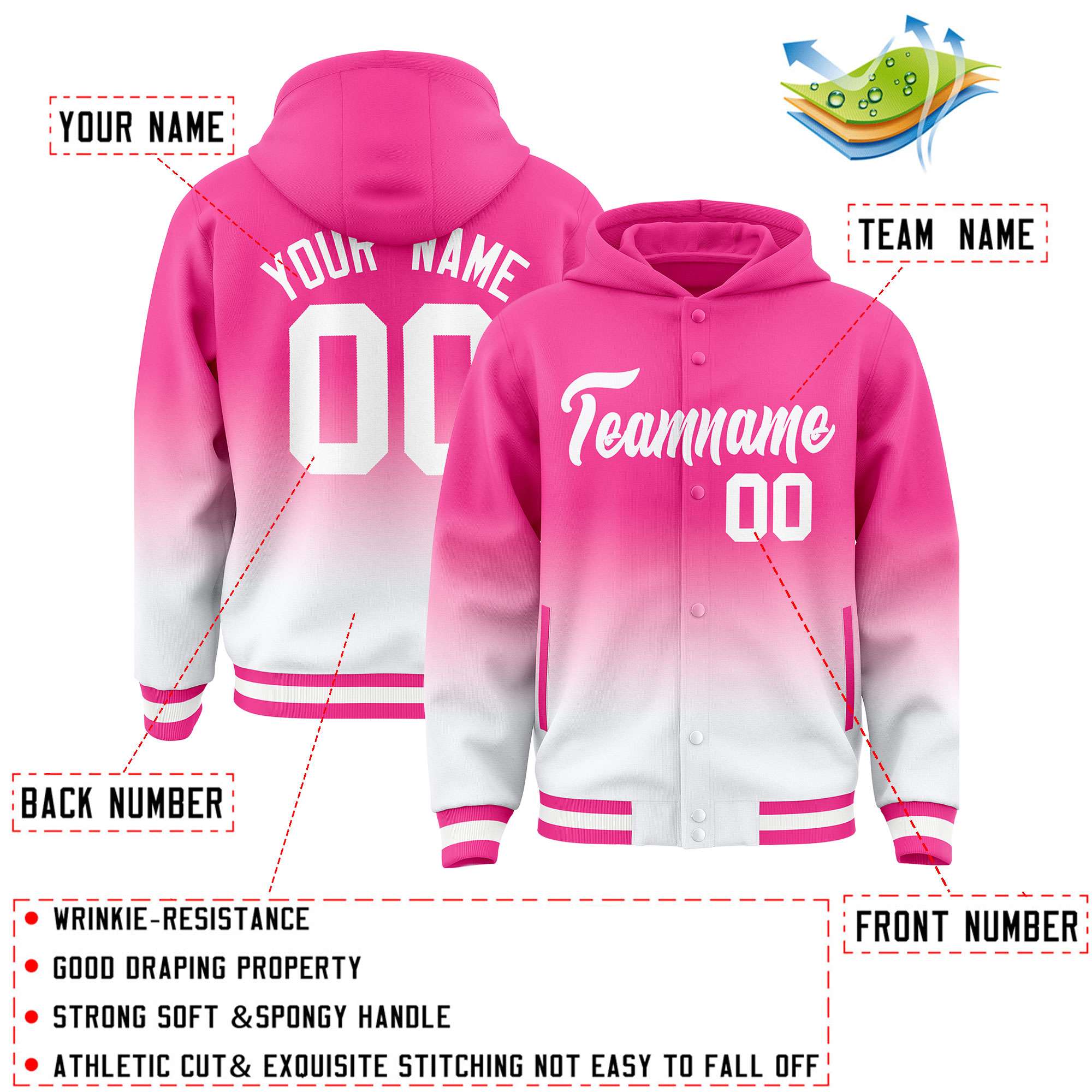 Custom Pink White Varsity Full-Snap Letterman Gradient Hoodie Jacket