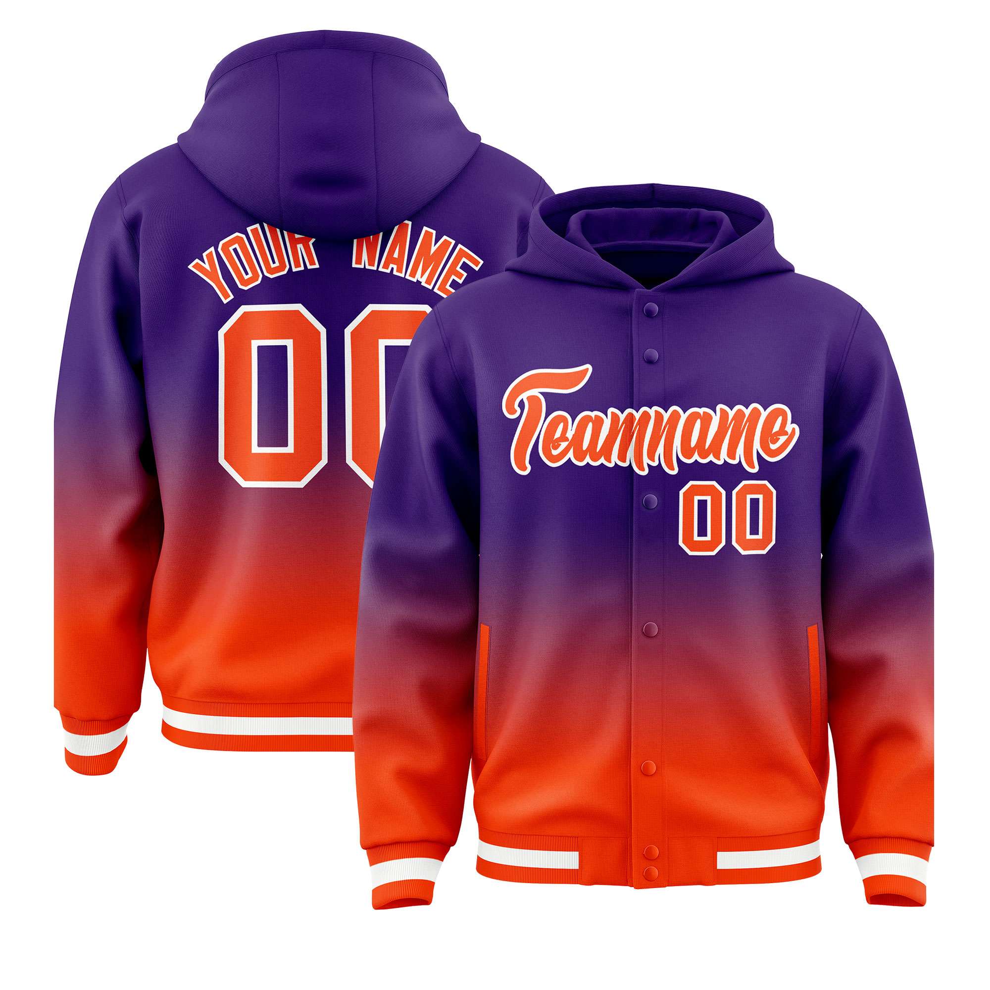 Custom Purple Orange Varsity Full-Snap Letterman Gradient Hoodie Jacket