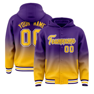 Custom Purple Yellow Varsity Full-Snap Letterman Gradient Hoodie Jacket