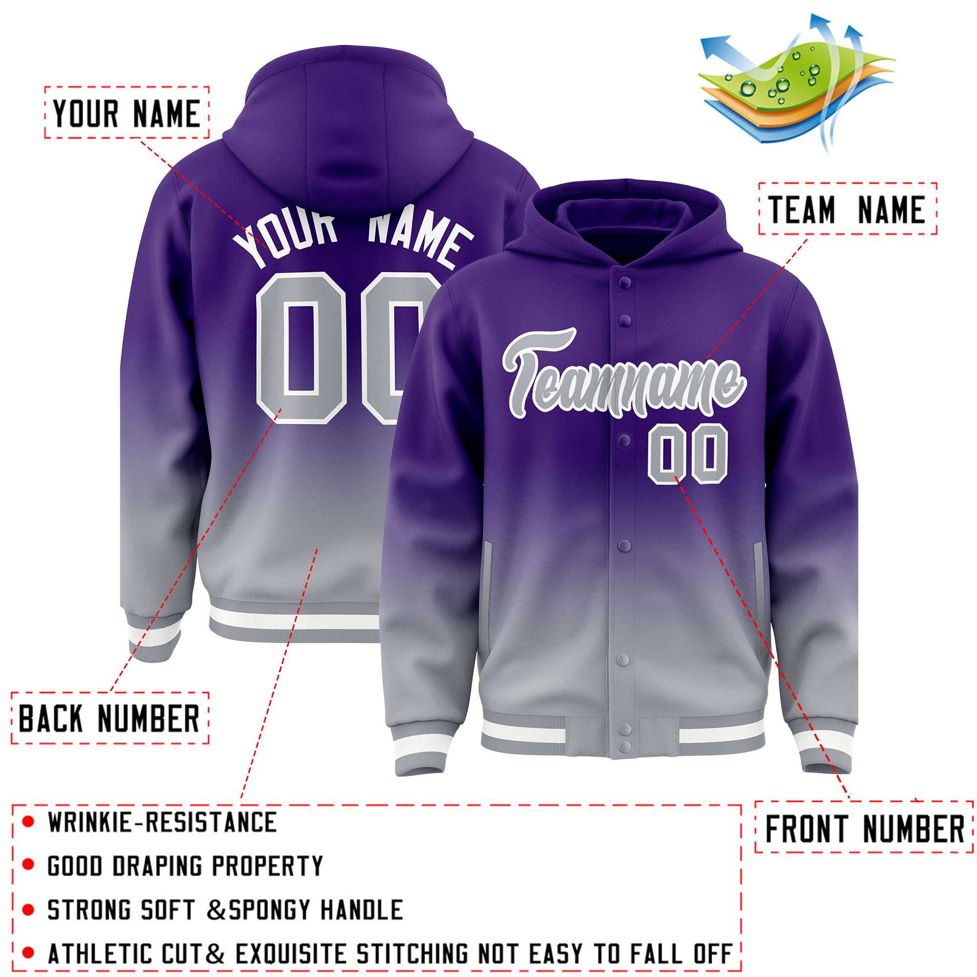 Custom Purple Gray Varsity Full-Snap Letterman Gradient Hoodie Jacket