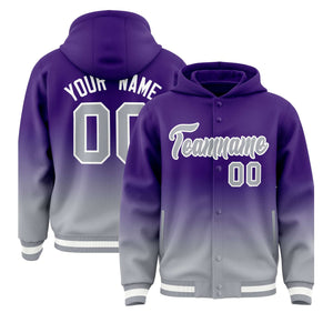 Custom Purple Gray Varsity Full-Snap Letterman Gradient Hoodie Jacket