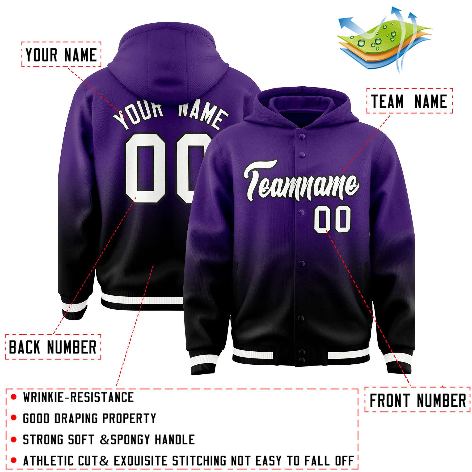 Custom Purple Black Varsity Full-Snap Letterman Gradient Hoodie Jacket