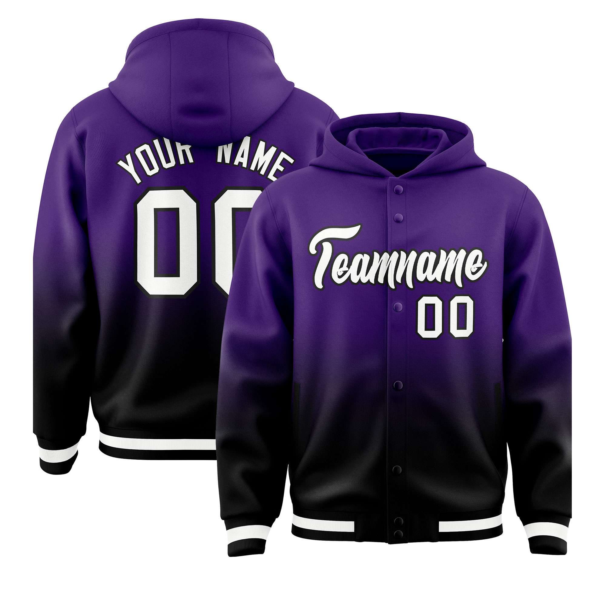 Custom Purple Black Varsity Full-Snap Letterman Gradient Hoodie Jacket