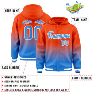 Custom Orange Blue Varsity Full-Snap Letterman Gradient Hoodie Jacket