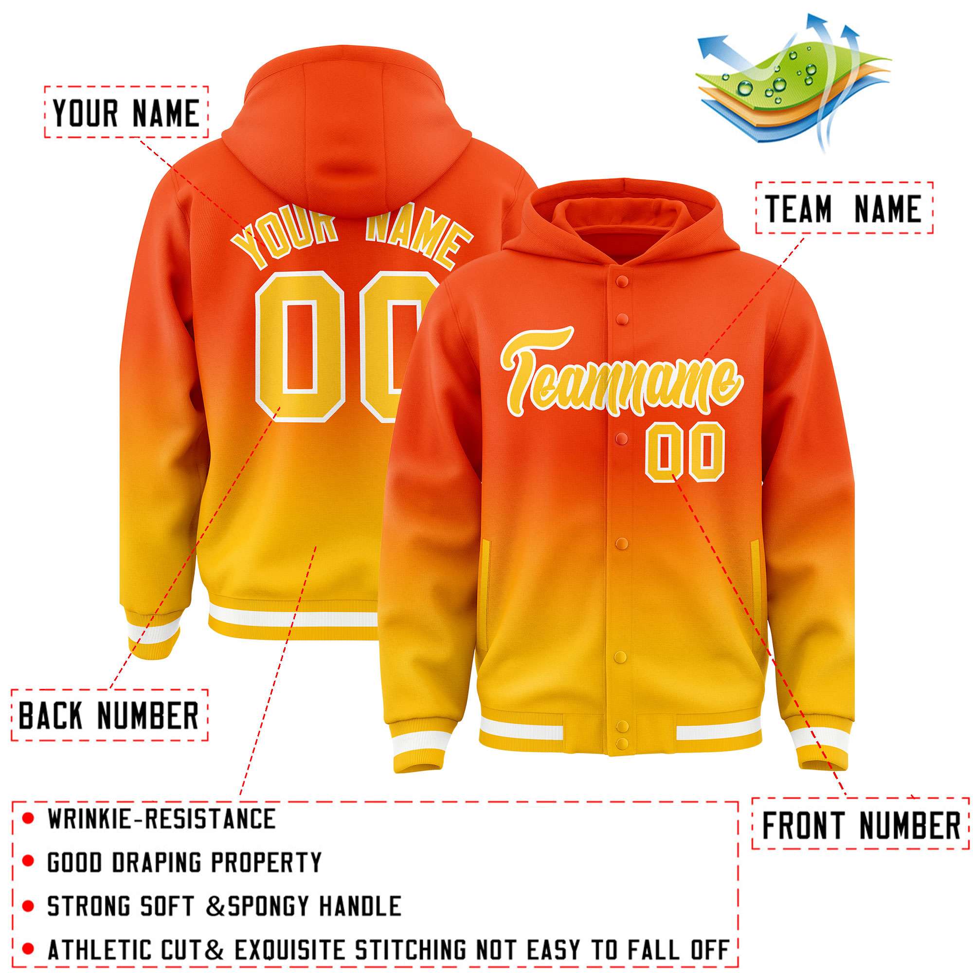 Custom Orange Yellow Varsity Full-Snap Letterman Gradient Hoodie Jacket