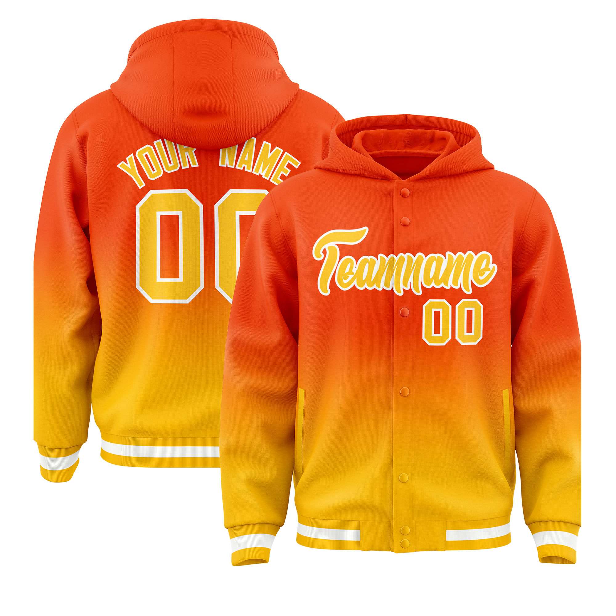 Custom Orange Yellow Varsity Full-Snap Letterman Gradient Hoodie Jacket