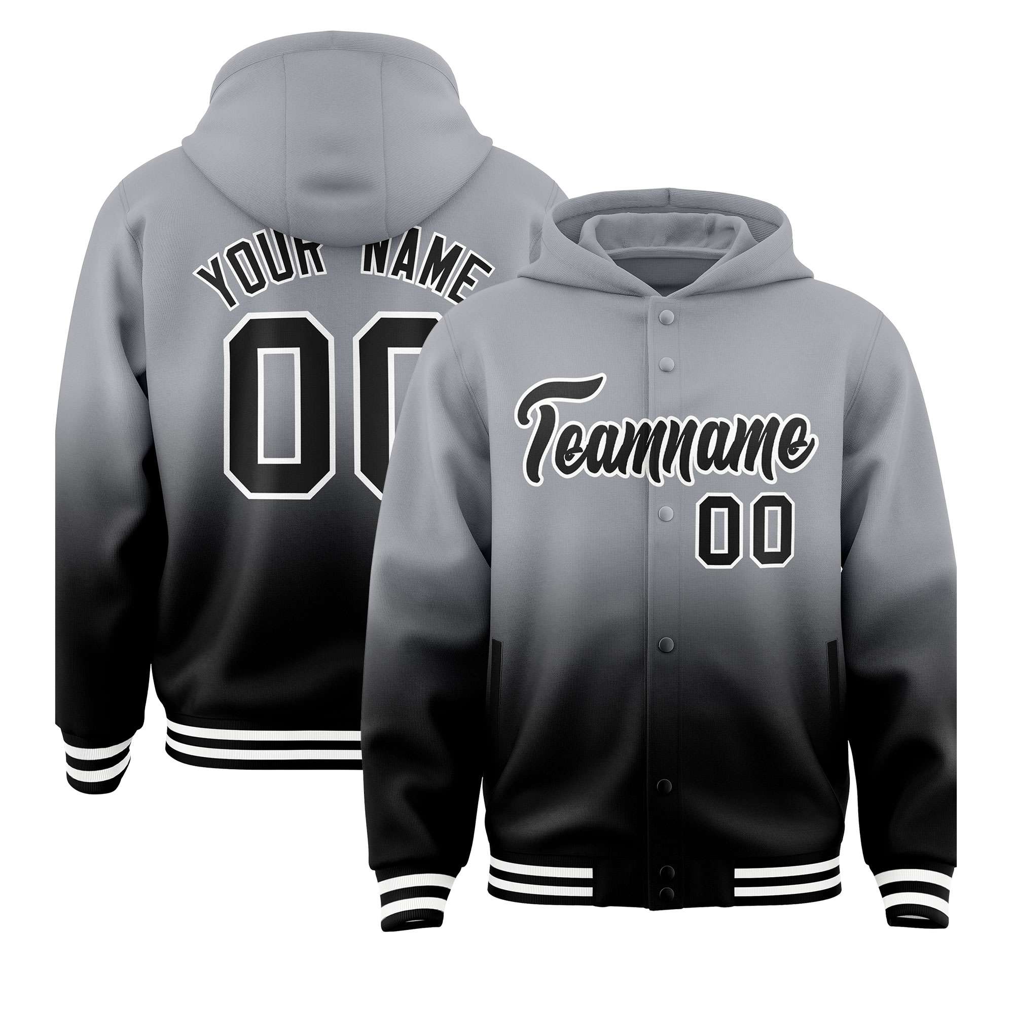 Custom Gray Black Varsity Full-Snap Letterman Gradient Hoodie Jacket