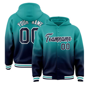 Custom Aqua Navy Varsity Full-Snap Letterman Gradient Hoodie Jacket