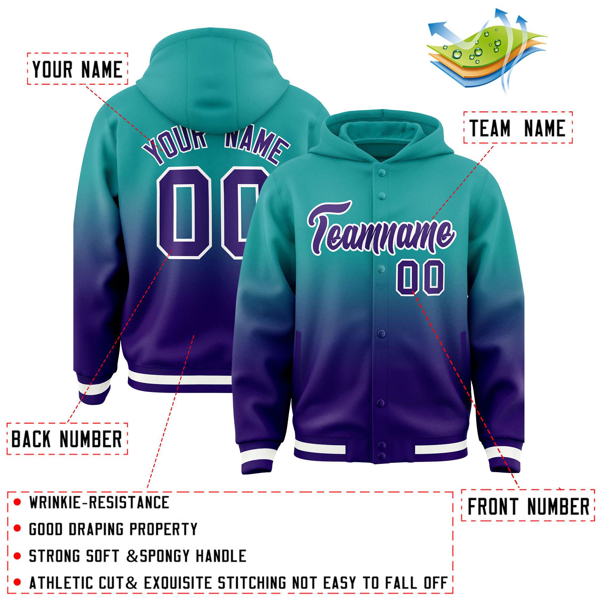 Custom Aqua Purple Varsity Full-Snap Letterman Gradient Hoodie Jacket