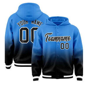 Custom Blue Black Varsity Full-Snap Letterman Gradient Hoodie Jacket