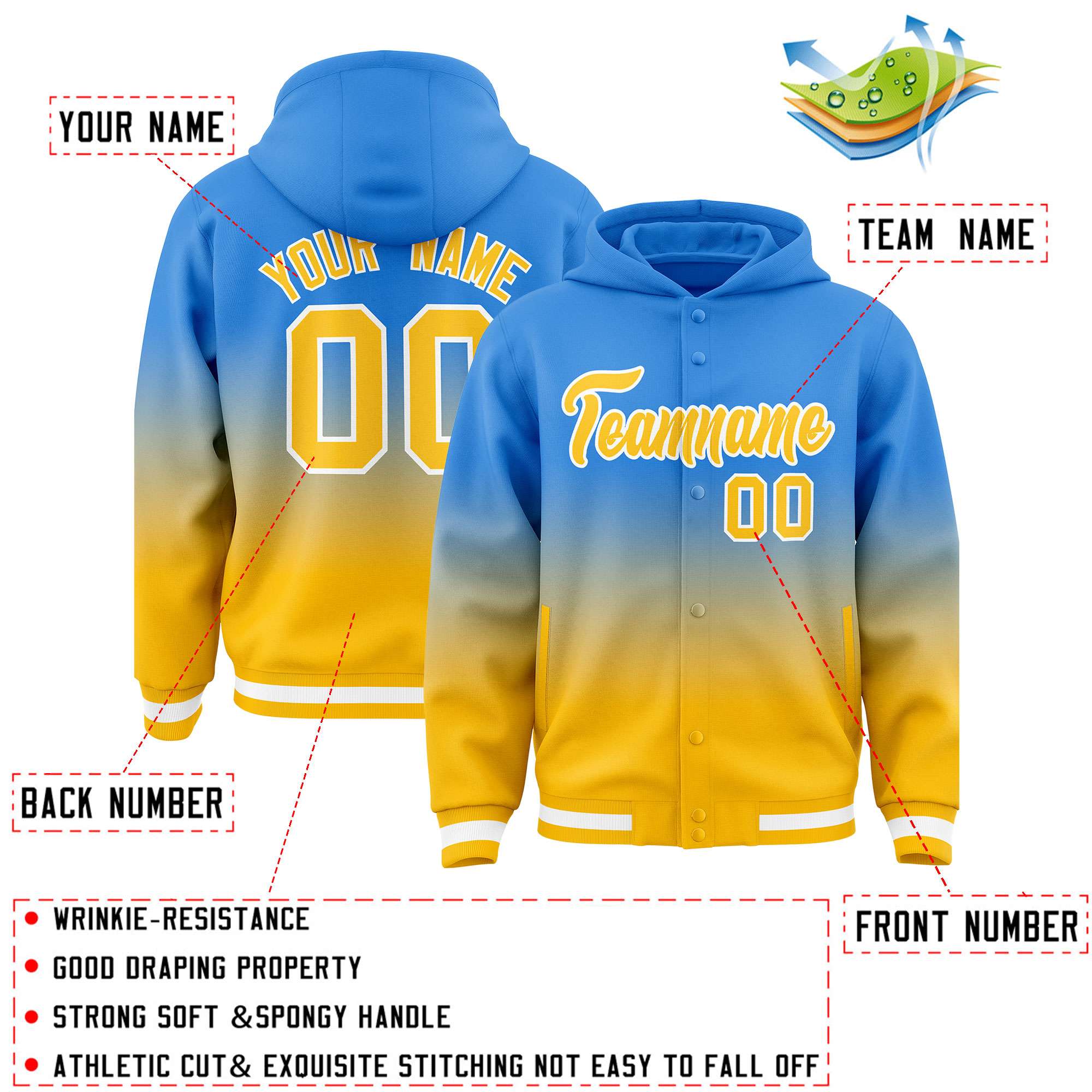 Custom Blue Yellow Varsity Full-Snap Letterman Gradient Hoodie Jacket