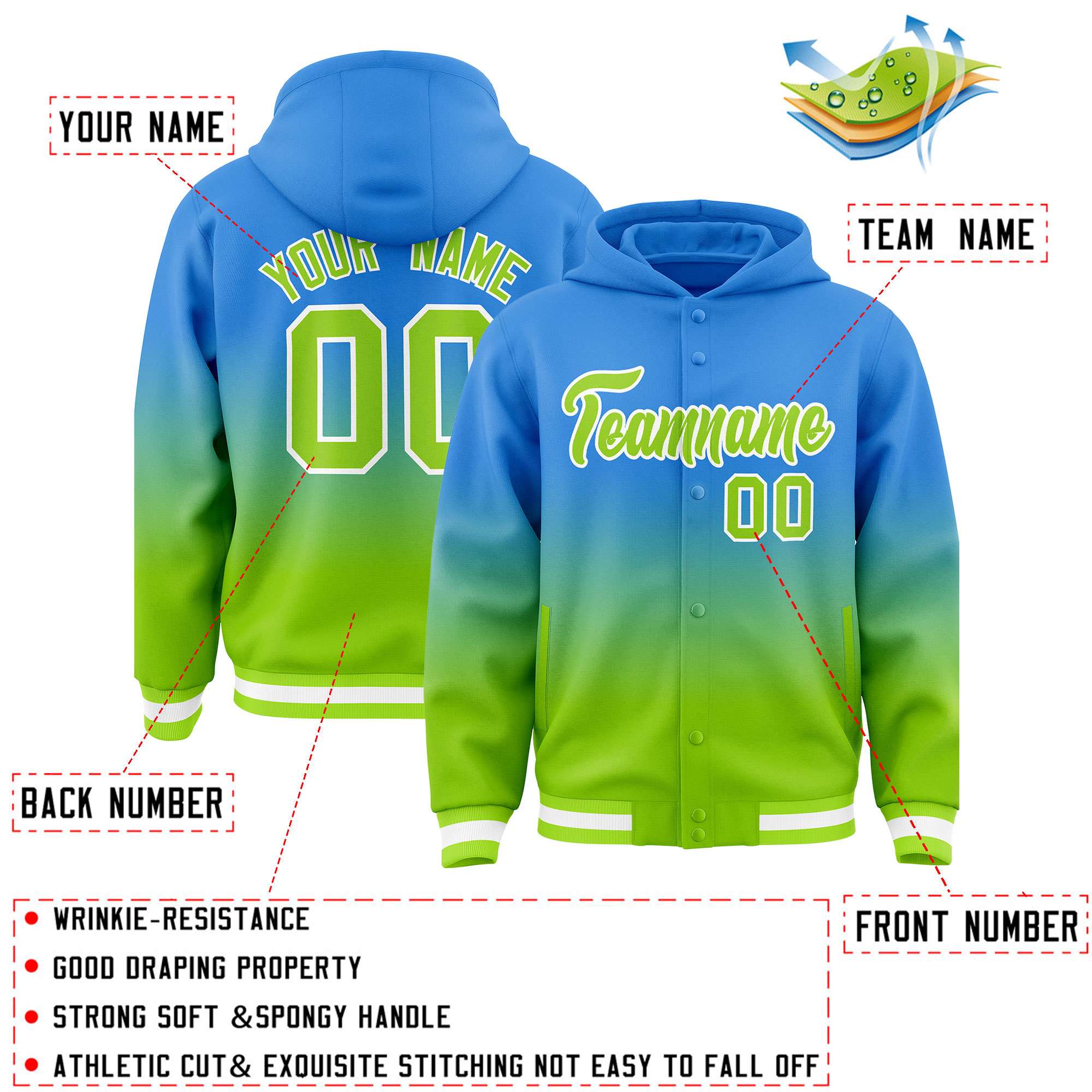 Custom Blue Neon Green Varsity Full-Snap Letterman Gradient Hoodie Jacket