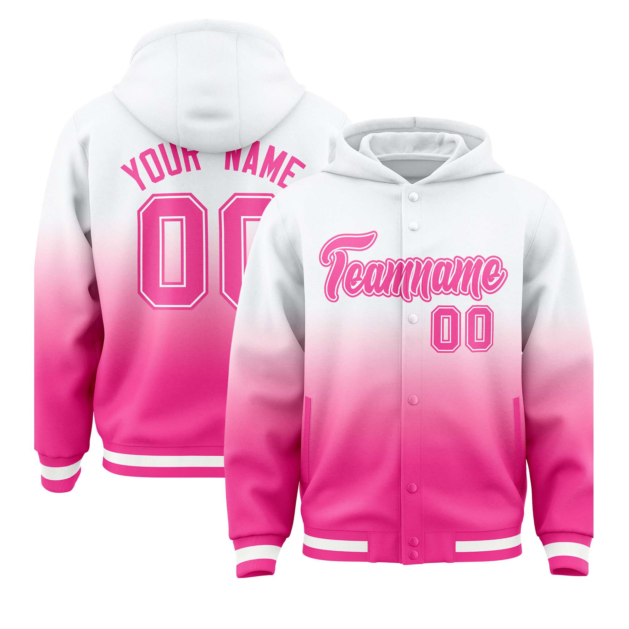 Custom White Pink Varsity Full-Snap Letterman Gradient Hoodie Jacket