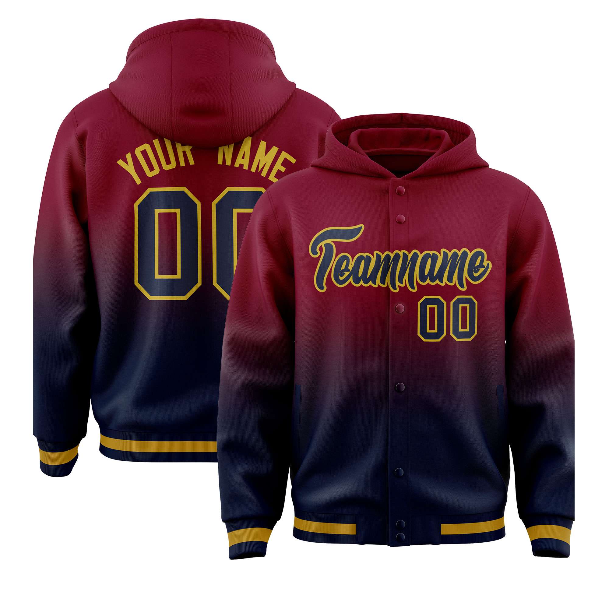 Custom Crimson Navy Varsity Full-Snap Letterman Gradient Hoodie Jacket