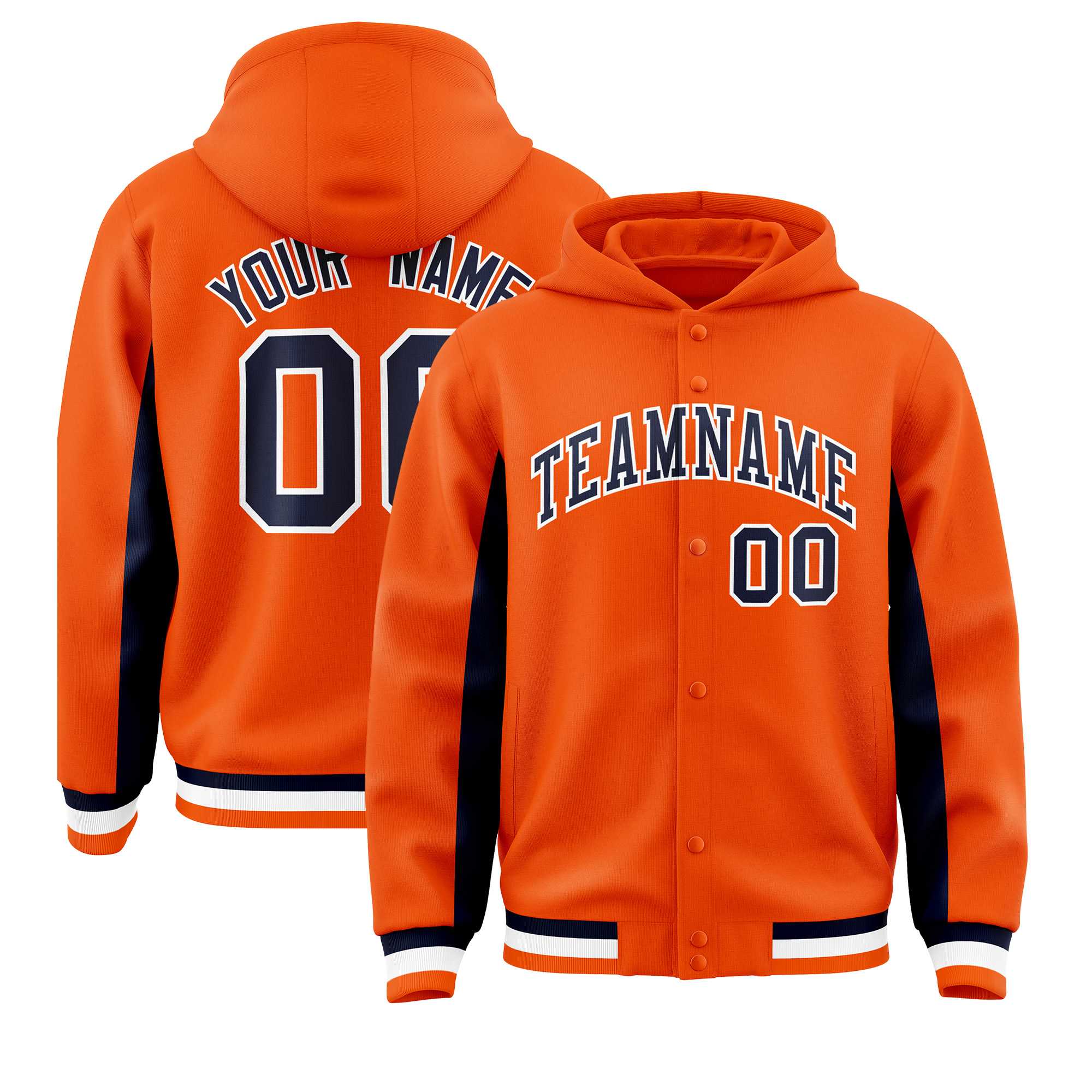 Custom Orange Navy Color Block Varsity Full-Snap Letterman Hoodie Jacket