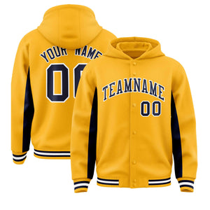 Custom Gold Navy Color Block Varsity Full-Snap Letterman Hoodie Jacket