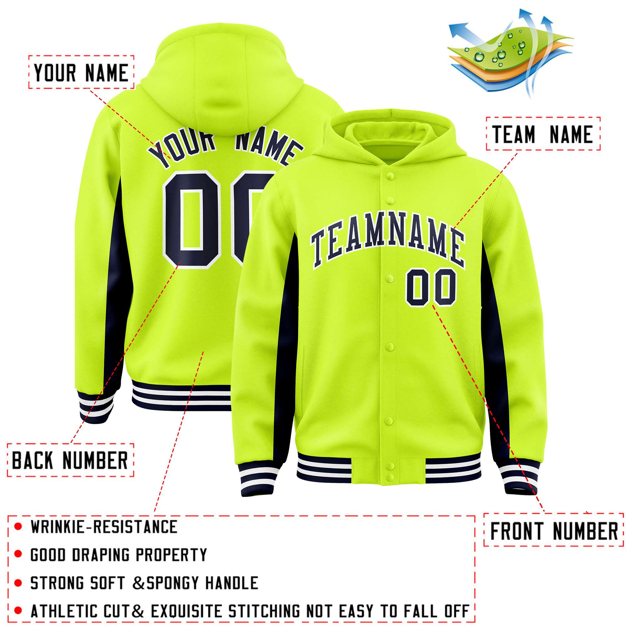 Custom Neon Green Navy Color Block Varsity Full-Snap Letterman Hoodie Jacket