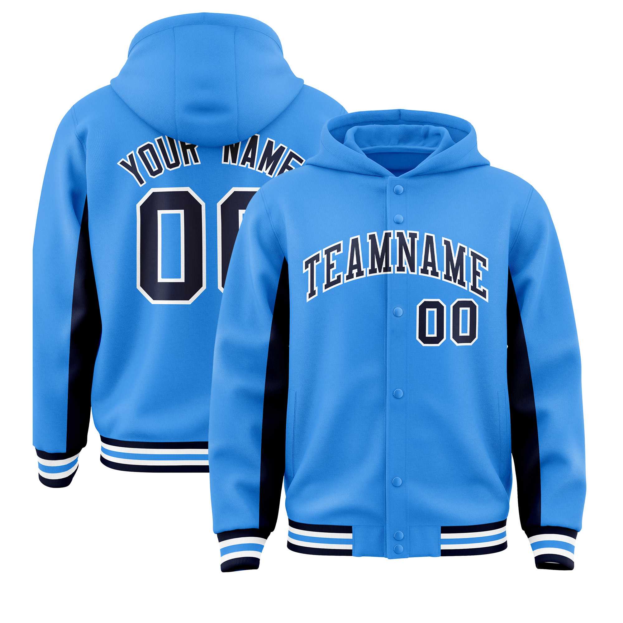 Custom Powder Blue Navy Color Block Varsity Full-Snap Letterman Hoodie Jacket