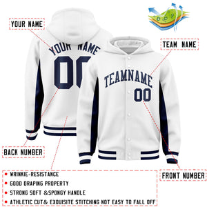 Custom White Navy Color Block Varsity Full-Snap Letterman Hoodie Jacket