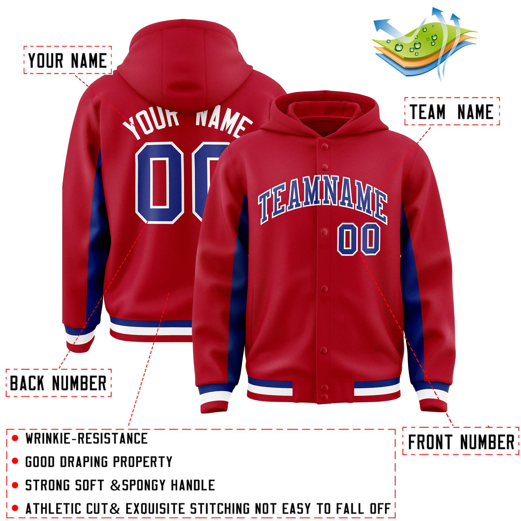 Custom Red Royal Color Block Varsity Full-Snap Letterman Hoodie Jacket