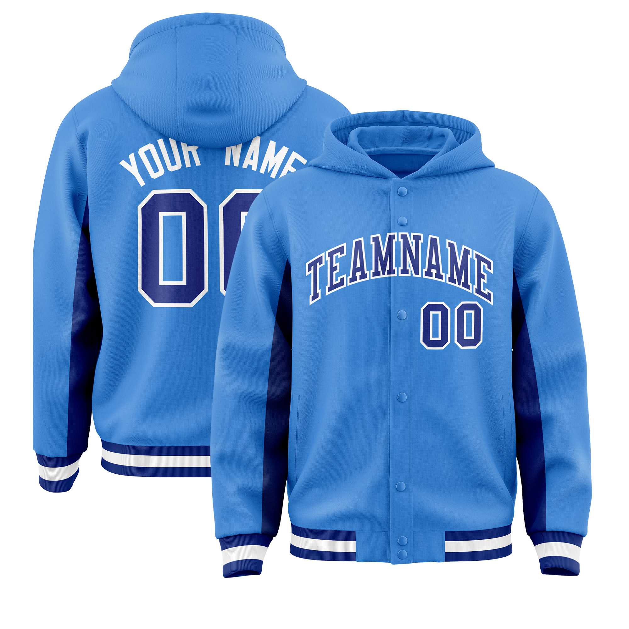 Custom Powder Blue Royal Color Block Varsity Full-Snap Letterman Hoodie Jacket