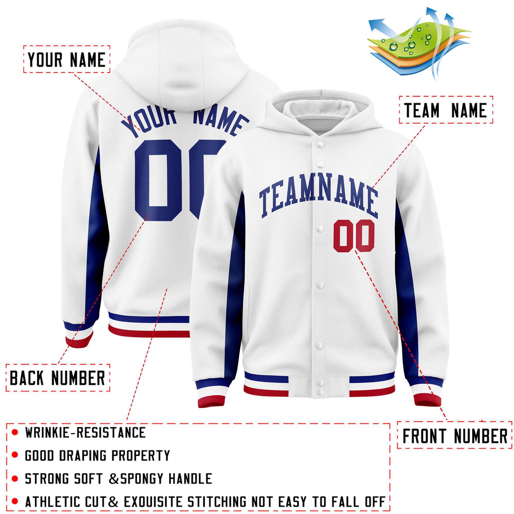 Custom White Royal Color Block Varsity Full-Snap Letterman Hoodie Jacket