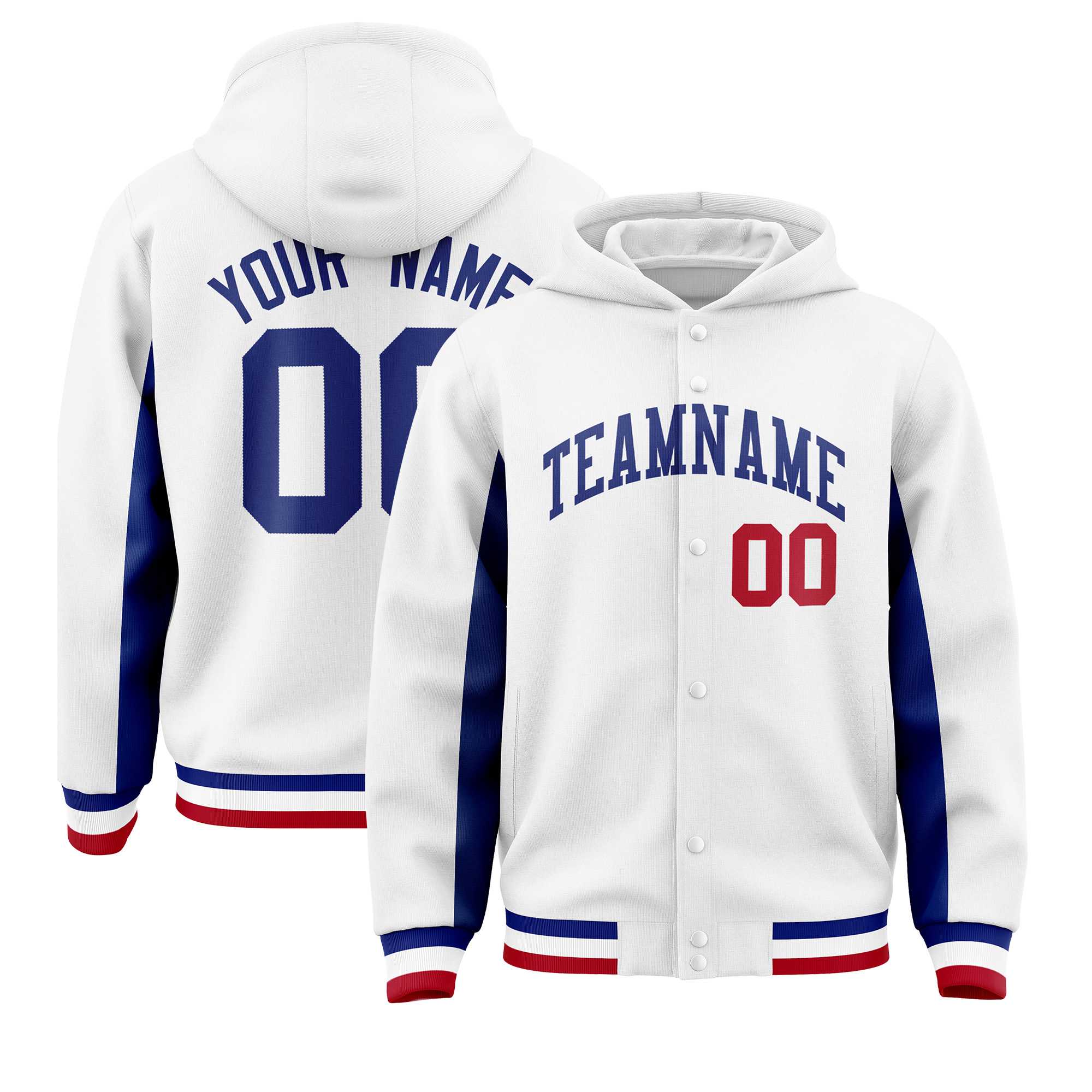 Custom White Royal Color Block Varsity Full-Snap Letterman Hoodie Jacket