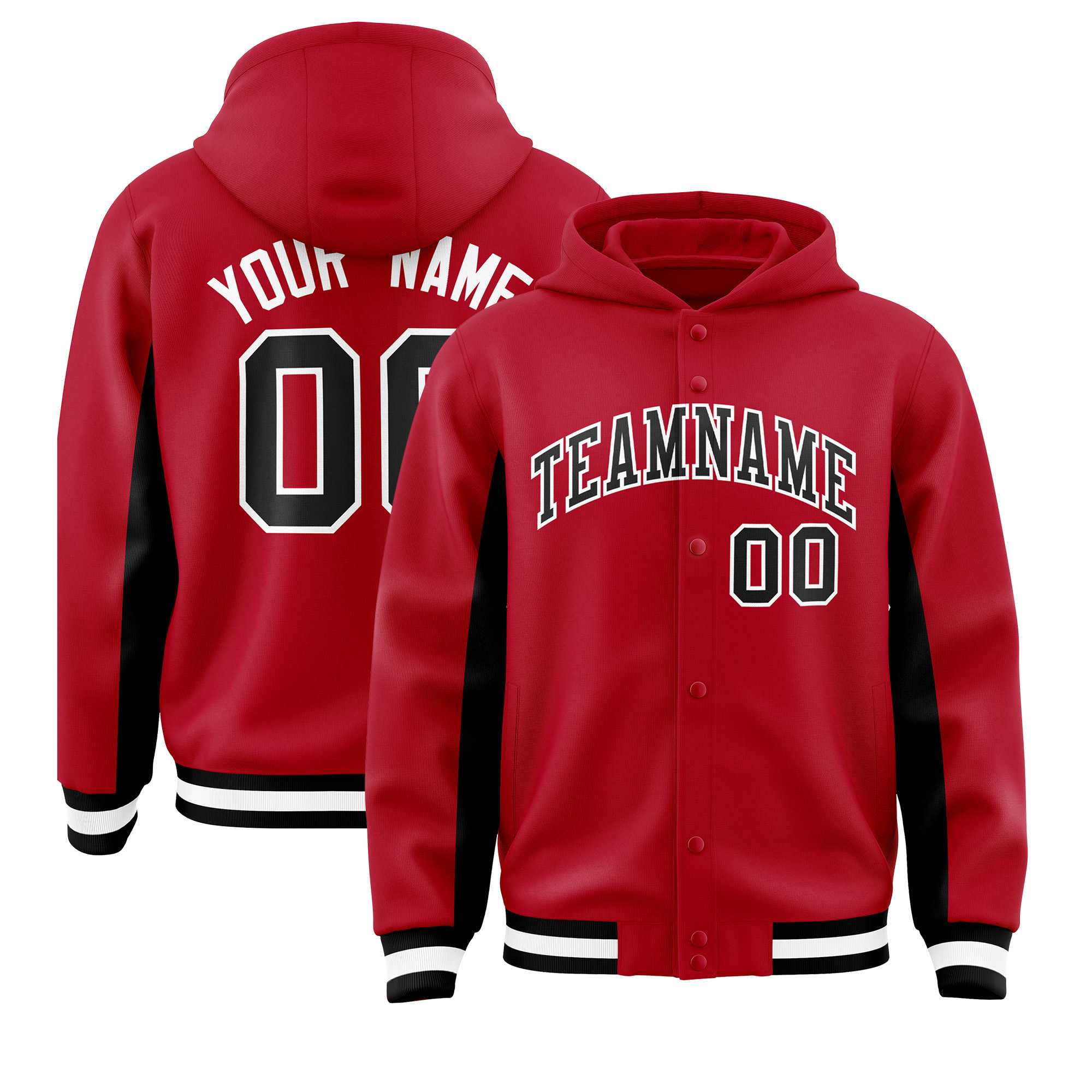 Custom Red Black Color Block Varsity Full-Snap Letterman Hoodie Jacket