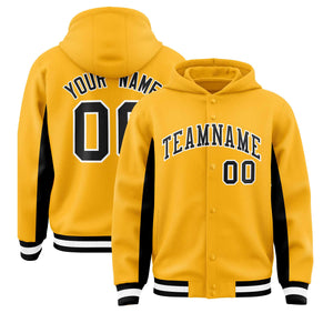 Custom Gold Black Color Block Varsity Full-Snap Letterman Hoodie Jacket