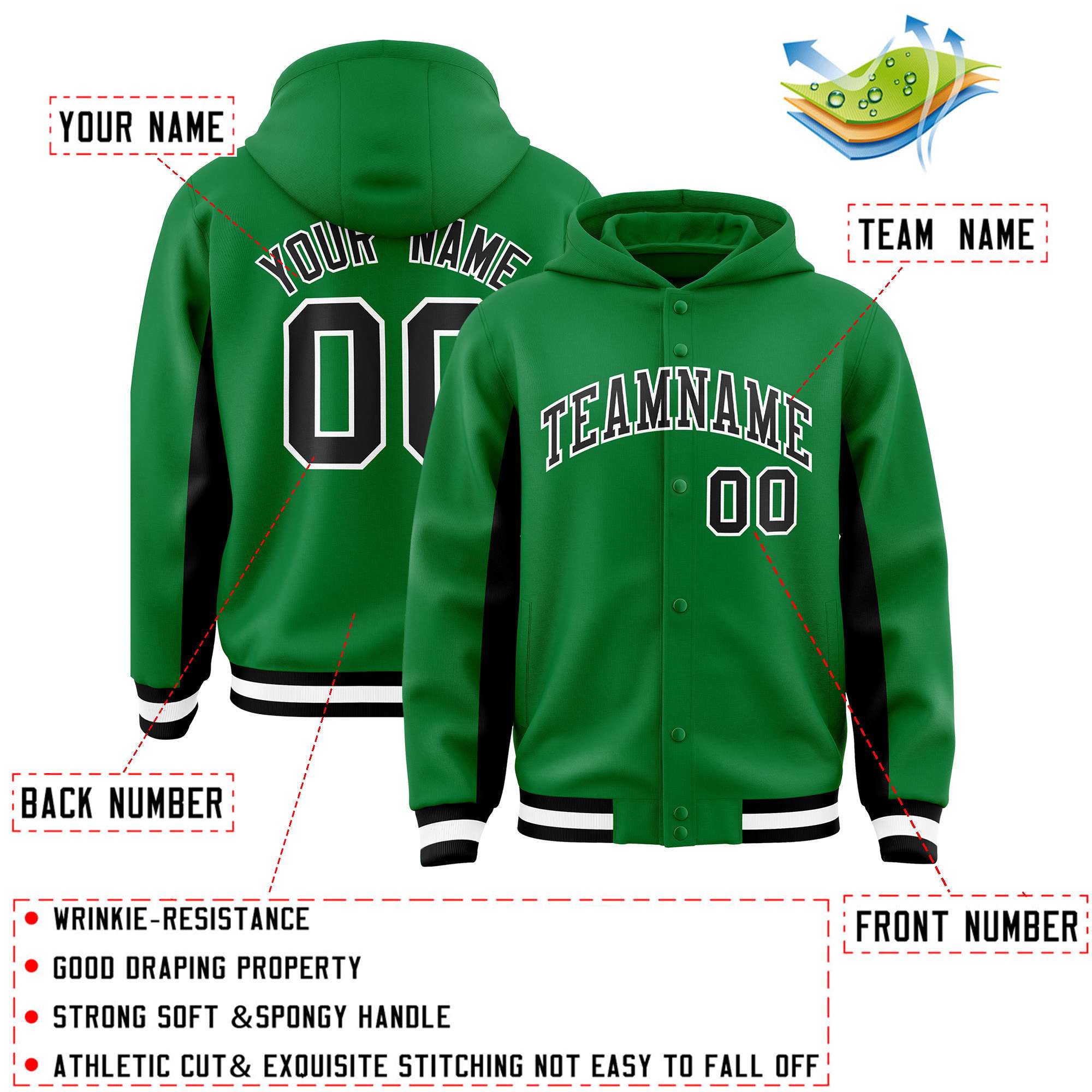 Custom Kelly Green Black Color Block Varsity Full-Snap Letterman Hoodie Jacket