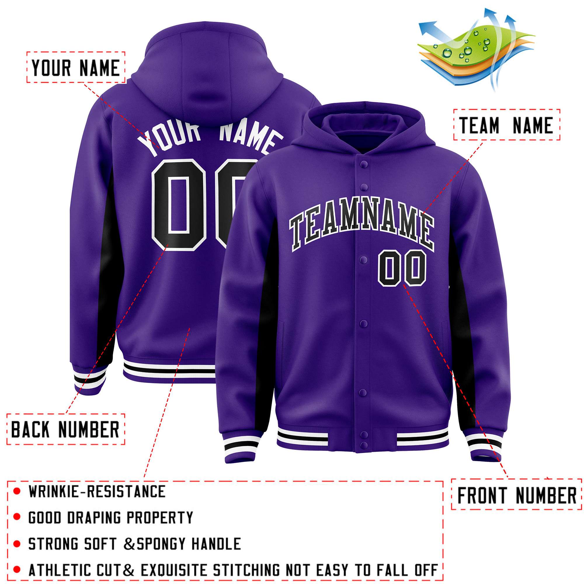 Custom Purple Black Color Block Varsity Full-Snap Letterman Hoodie Jacket