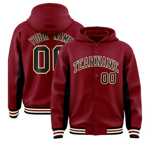 Custom Crimson Black Color Block Varsity Full-Snap Letterman Hoodie Jacket