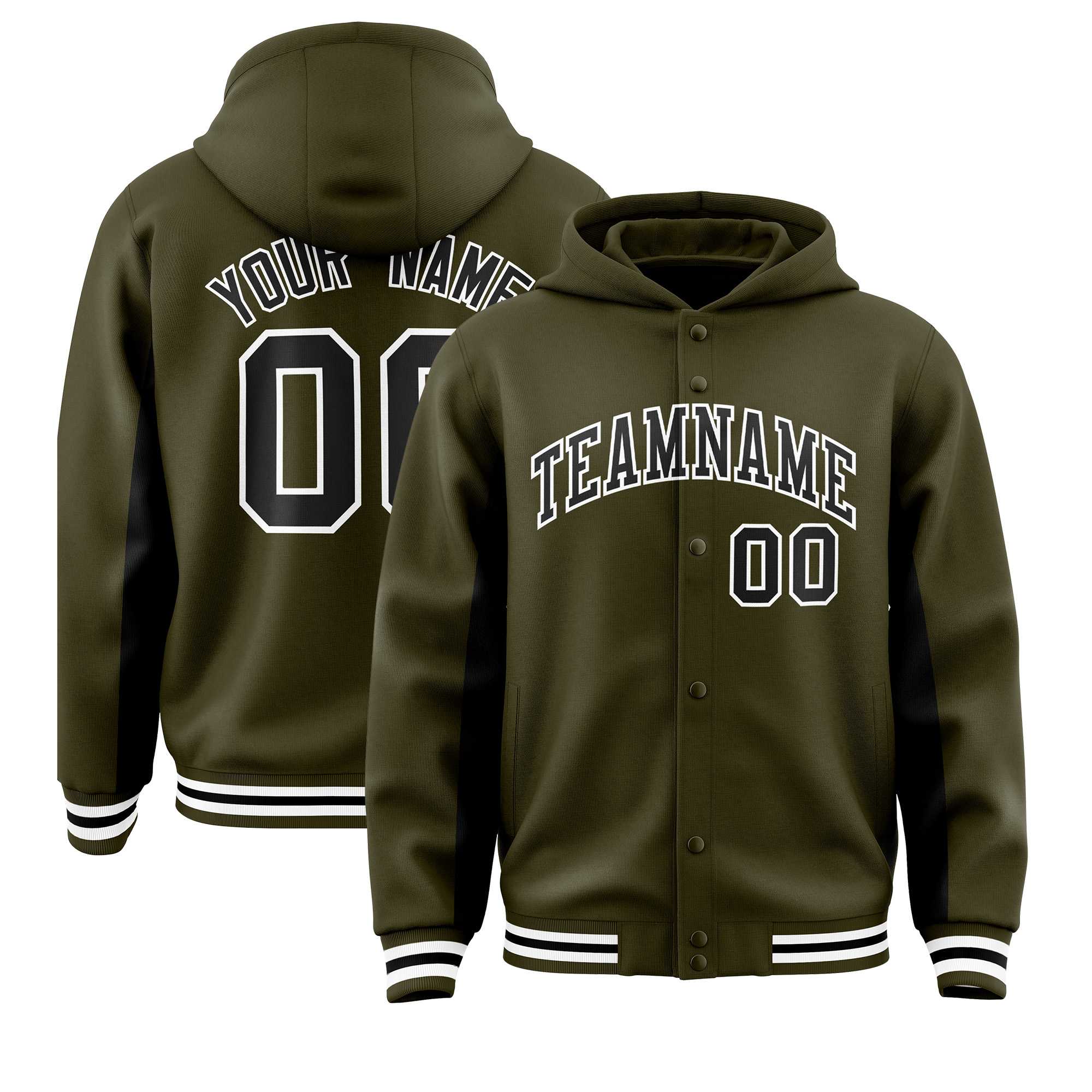 Custom Olive Black Color Block Varsity Full-Snap Letterman Hoodie Jacket