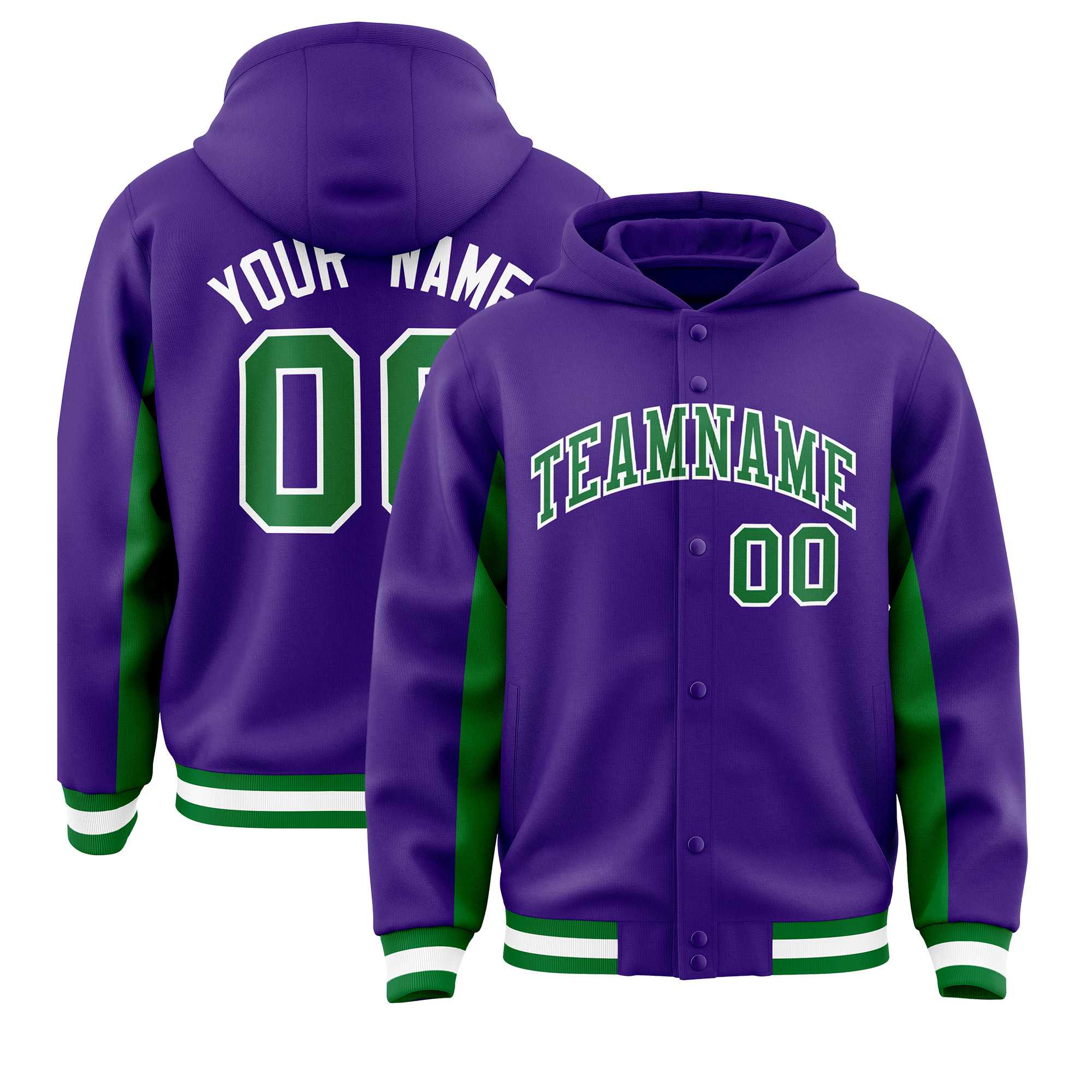 Custom Purple Kelly Green Color Block Varsity Full-Snap Letterman Hoodie Jacket