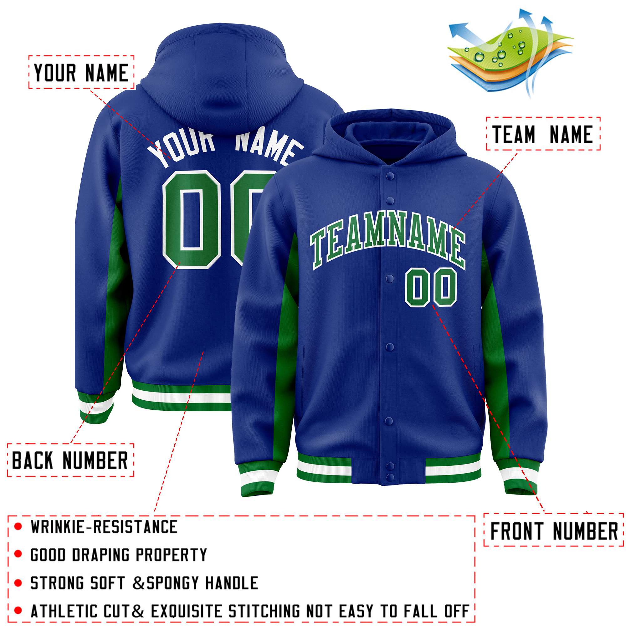 Custom Royal Kelly Green Color Block Varsity Full-Snap Letterman Hoodie Jacket