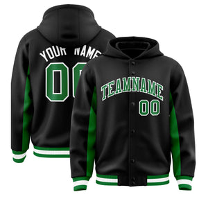 Custom Black Kelly Green Color Block Varsity Full-Snap Letterman Hoodie Jacket