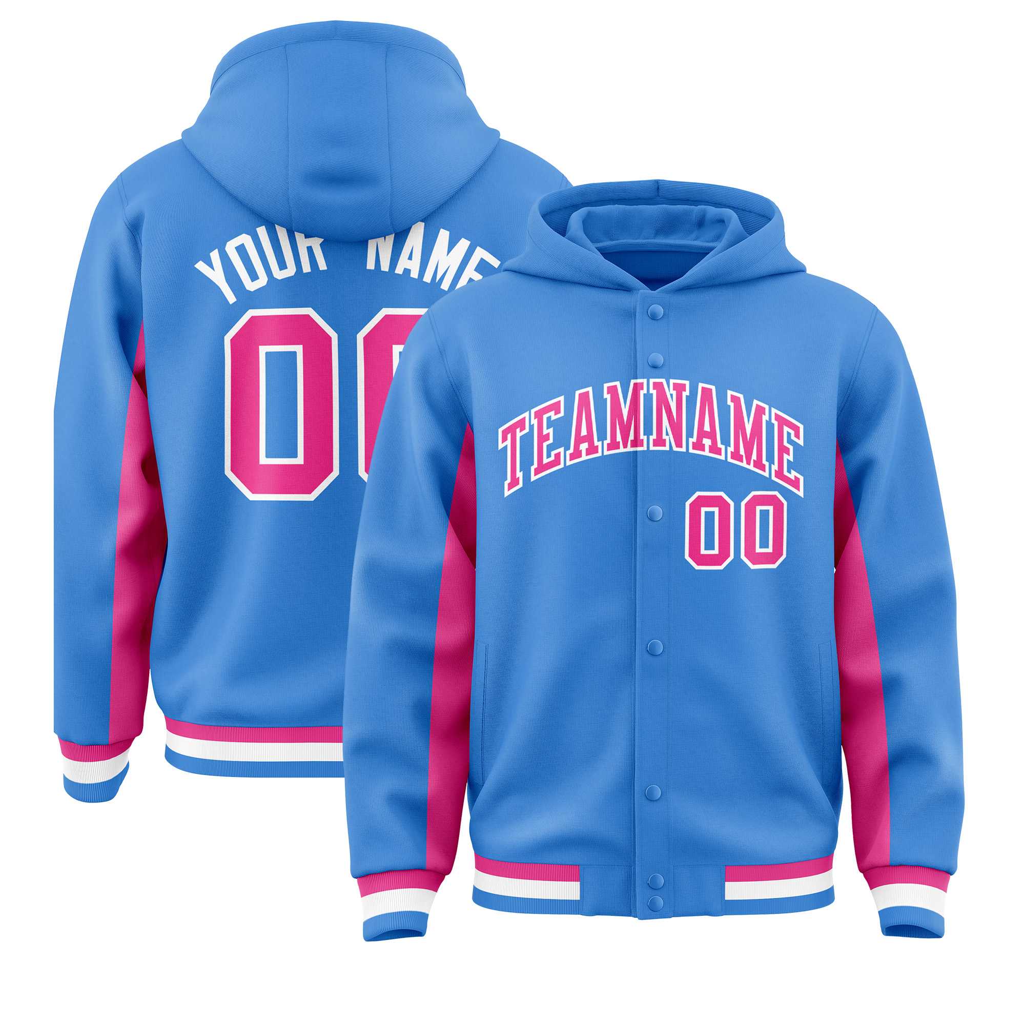 Custom Powder Blue Pink Color Block Varsity Full-Snap Letterman Hoodie Jacket