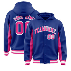 Custom Royal Pink Color Block Varsity Full-Snap Letterman Hoodie Jacket